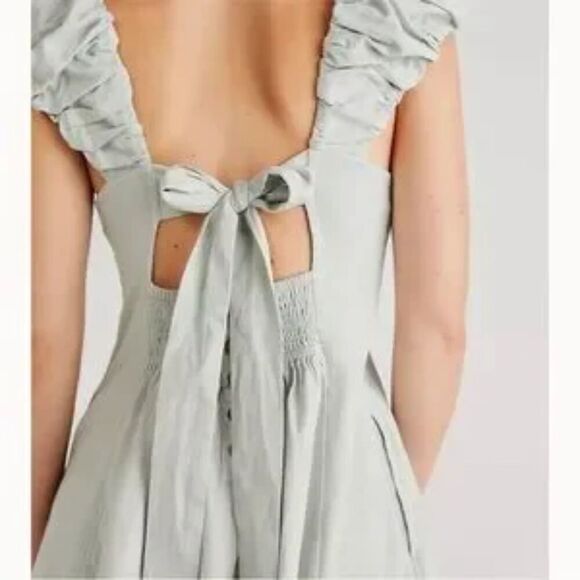 FREE PEOPLE Light Green Bom Bom Island Ruched Linen Cotton Boho Mini Dress Large - Picture 2 of 10